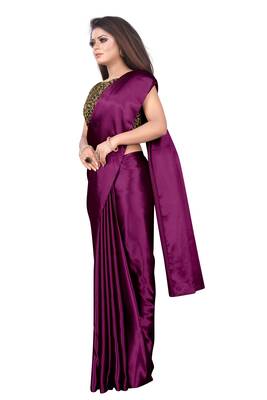 Wine plain satin saree with blouse 2