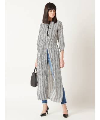 Women's Black & White Round Neck quarter_sleeve Striped Tassel Tie-Up Detailing Maxi Top 1