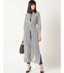 Women's Black & White Round Neck quarter_sleeve Striped Tassel Tie-Up Detailing Maxi Top