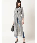 Women's Black & White Round Neck quarter_sleeve Striped Tassel Tie-Up Detailing Maxi Top