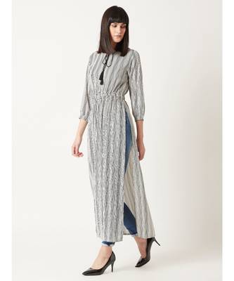 Women's Black & White Round Neck quarter_sleeve Striped Tassel Tie-Up Detailing Maxi Top 2
