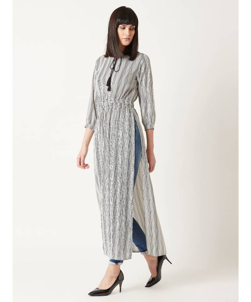 Women's Black & White Round Neck quarter_sleeve Striped Tassel Tie-Up Detailing Maxi Top