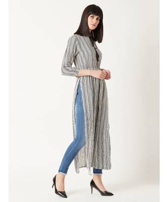 Women's Black & White Round Neck quarter_sleeve Striped Tassel Tie-Up Detailing Maxi Top 3