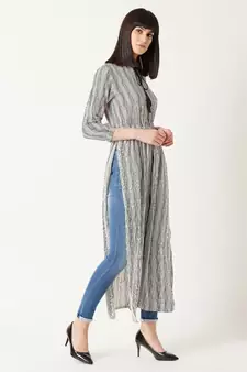 Women's Black & White Round Neck quarter_sleeve Striped Tassel Tie-Up Detailing Maxi Top