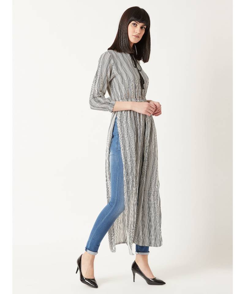 Women's Black & White Round Neck quarter_sleeve Striped Tassel Tie-Up Detailing Maxi Top