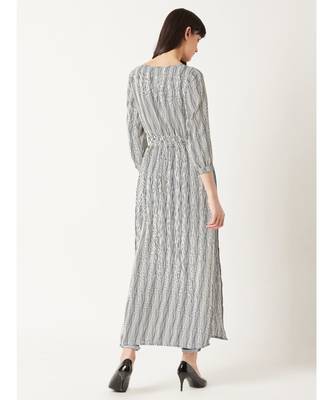 Women's Black & White Round Neck quarter_sleeve Striped Tassel Tie-Up Detailing Maxi Top 4