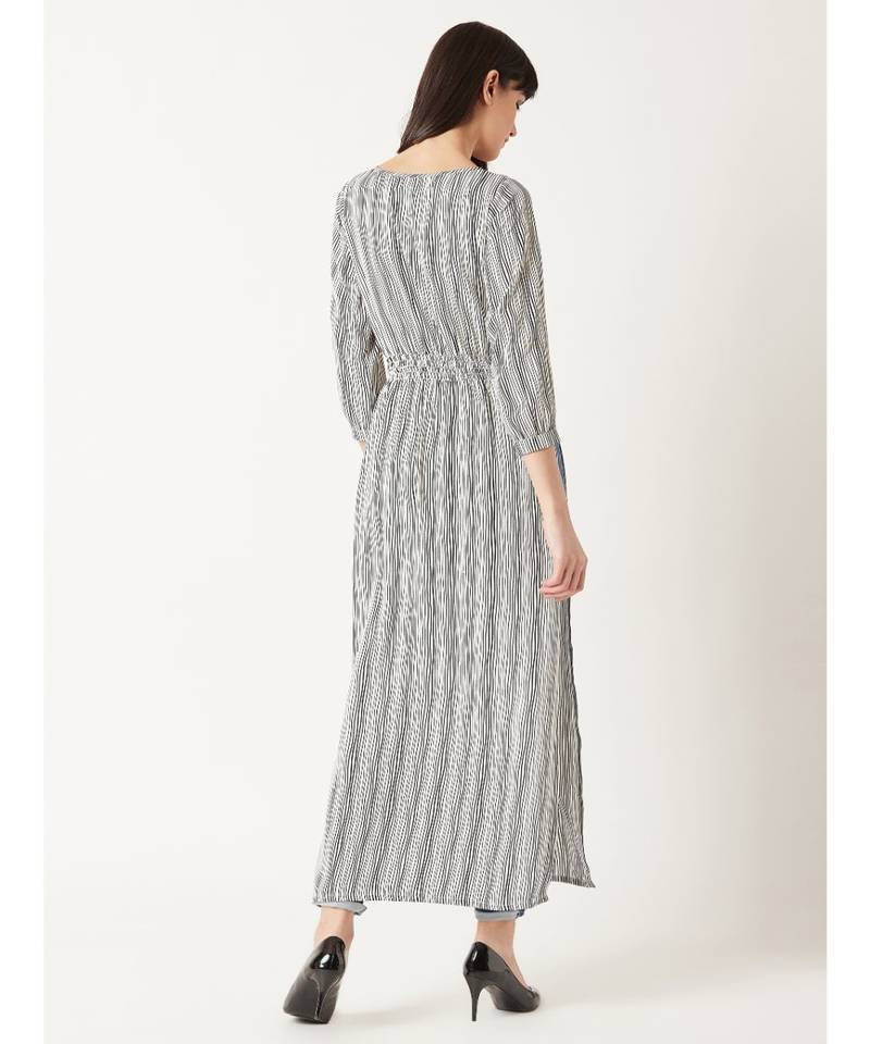 Women's Black & White Round Neck quarter_sleeve Striped Tassel Tie-Up Detailing Maxi Top