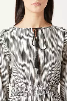 Women's Black & White Round Neck quarter_sleeve Striped Tassel Tie-Up Detailing Maxi Top