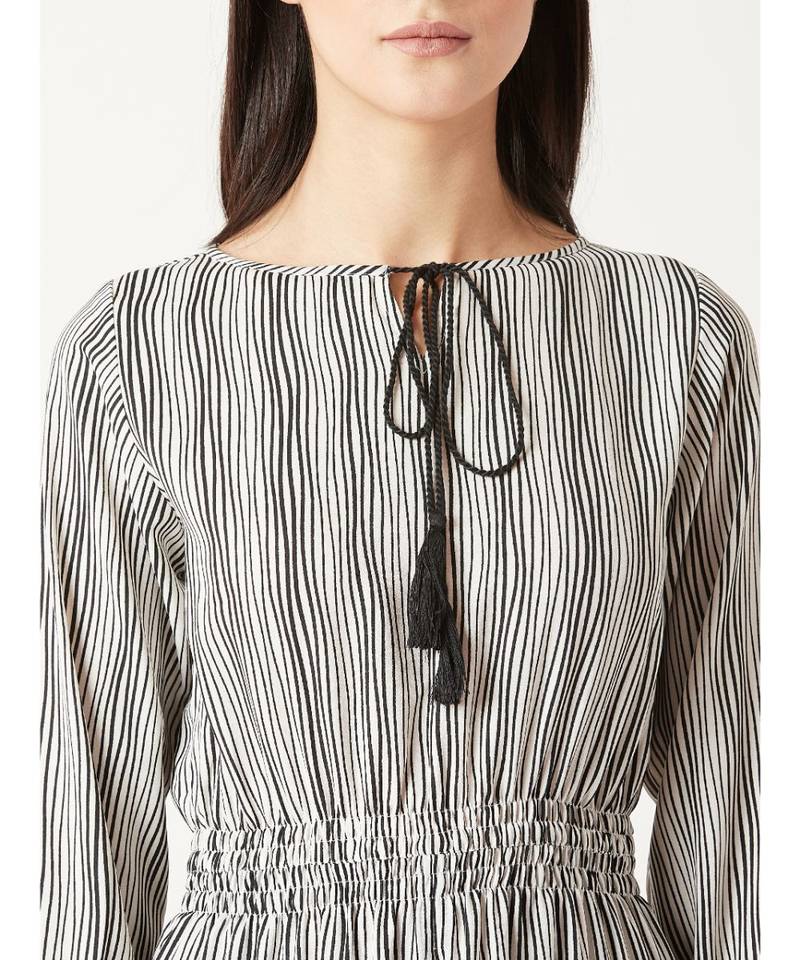 Women's Black & White Round Neck quarter_sleeve Striped Tassel Tie-Up Detailing Maxi Top