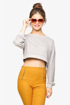 Women's Grey Round Neck full_sleeves Solid Crop Top