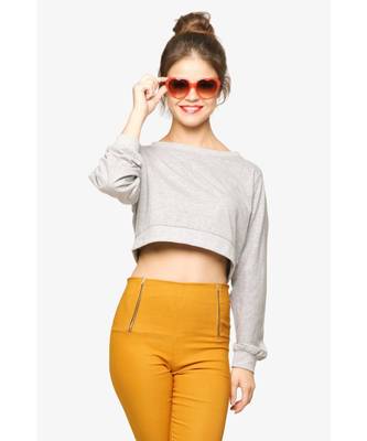 Women's Grey Round Neck full_sleeves Solid Crop Top 1
