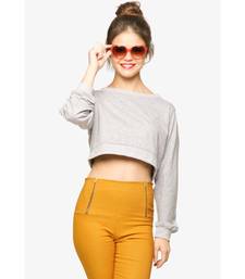 Women's Grey Round Neck full_sleeves Solid Crop Top