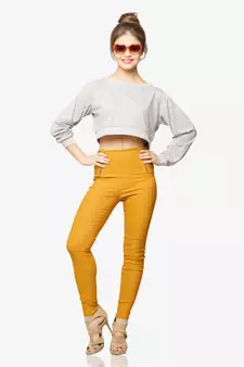 Women's Grey Round Neck full_sleeves Solid Crop Top