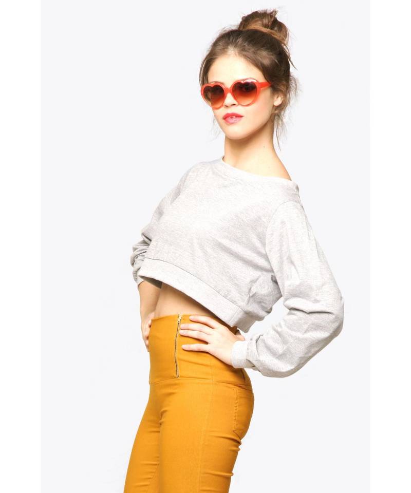 Women's Grey Round Neck full_sleeves Solid Crop Top
