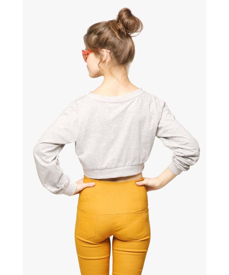 Women's Grey Round Neck full_sleeves Solid Crop Top