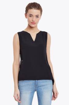 Women's Black Round Neck sleeveless Embroidered Paneled Top