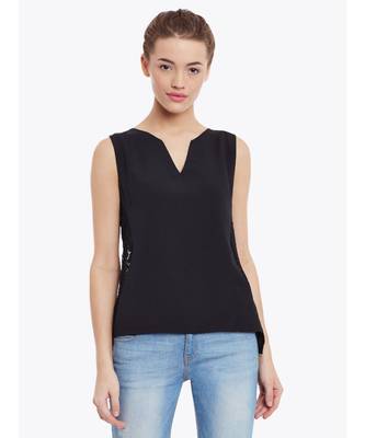 Women's Black Round Neck sleeveless Embroidered Paneled Top 1