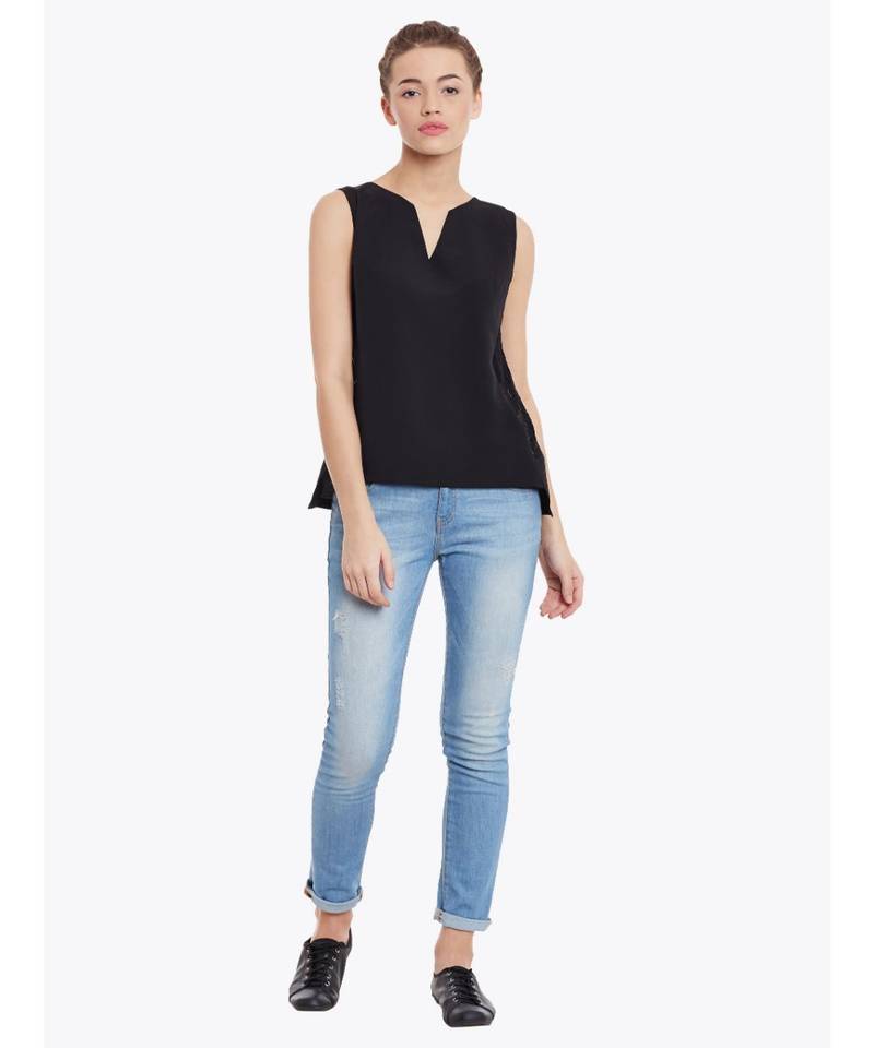 Women's Black Round Neck sleeveless Embroidered Paneled Top