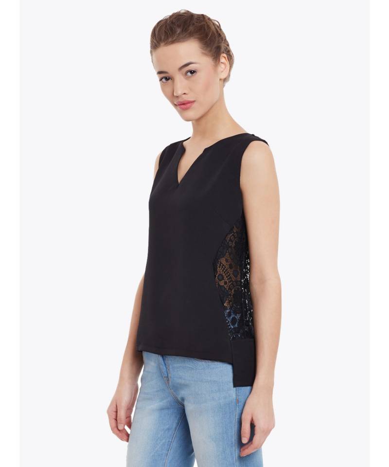Women's Black Round Neck sleeveless Embroidered Paneled Top
