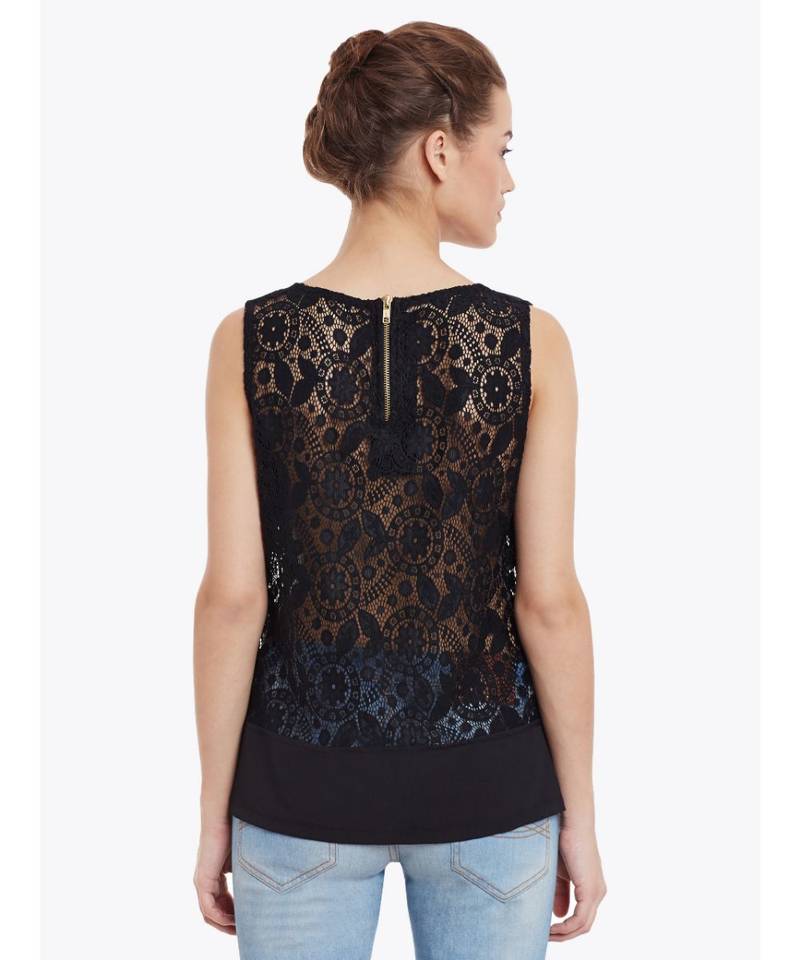 Women's Black Round Neck sleeveless Embroidered Paneled Top