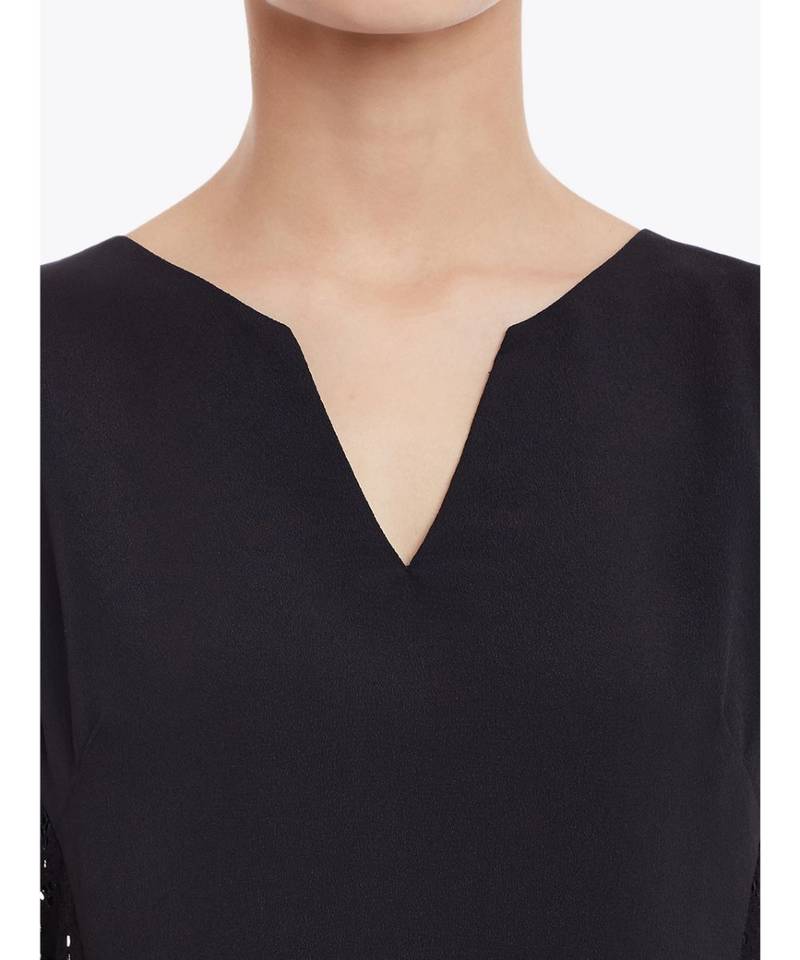 Women's Black Round Neck sleeveless Embroidered Paneled Top