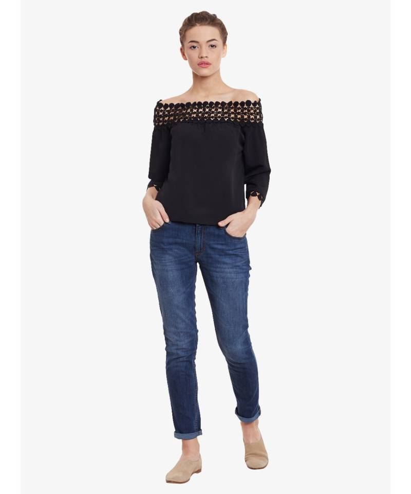 Women's Black quarter_sleeve Solid Bardot Top