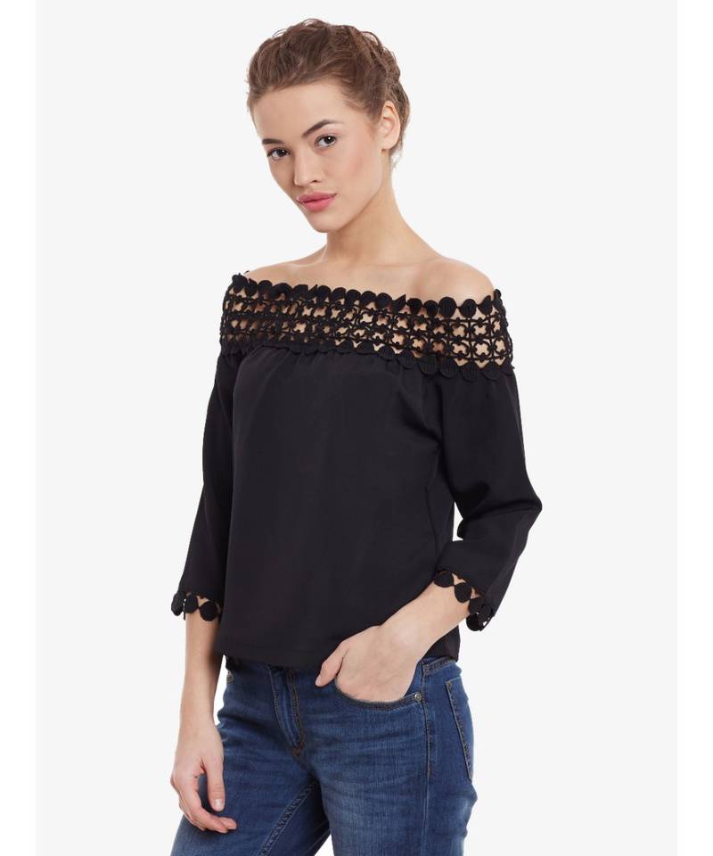 Women's Black quarter_sleeve Solid Bardot Top