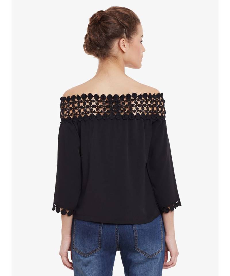 Women's Black quarter_sleeve Solid Bardot Top