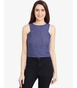 Women's Blue sleeveless Boat Neck Solid Crop Top