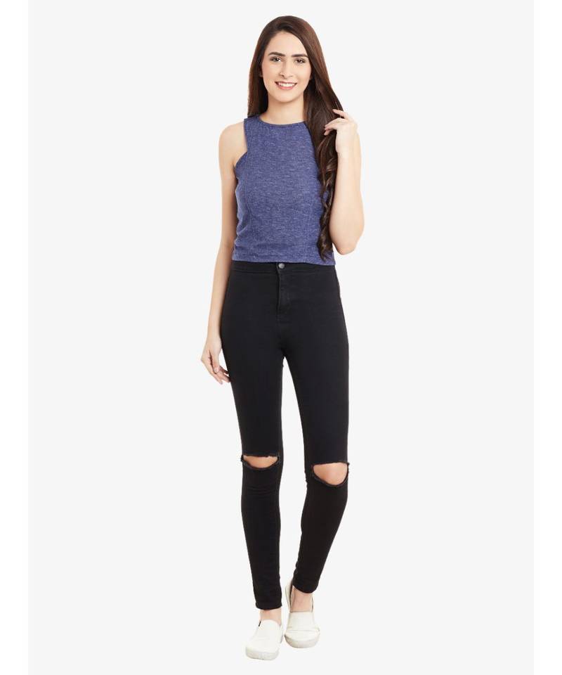 Women's Blue sleeveless Boat Neck Solid Crop Top