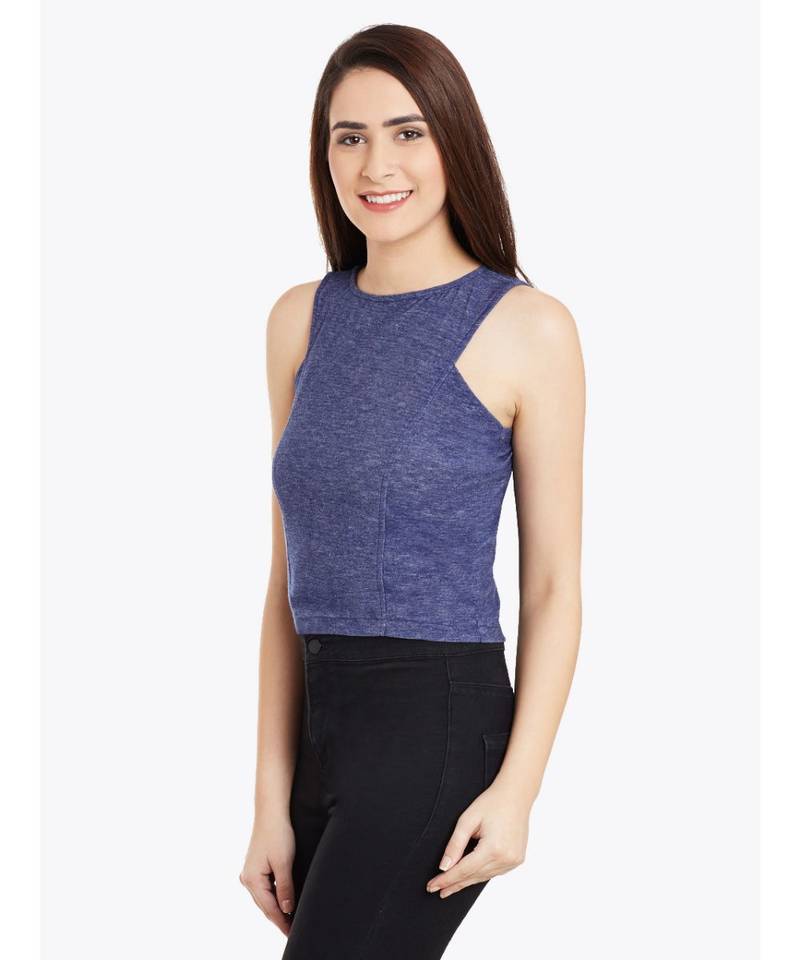 Women's Blue sleeveless Boat Neck Solid Crop Top