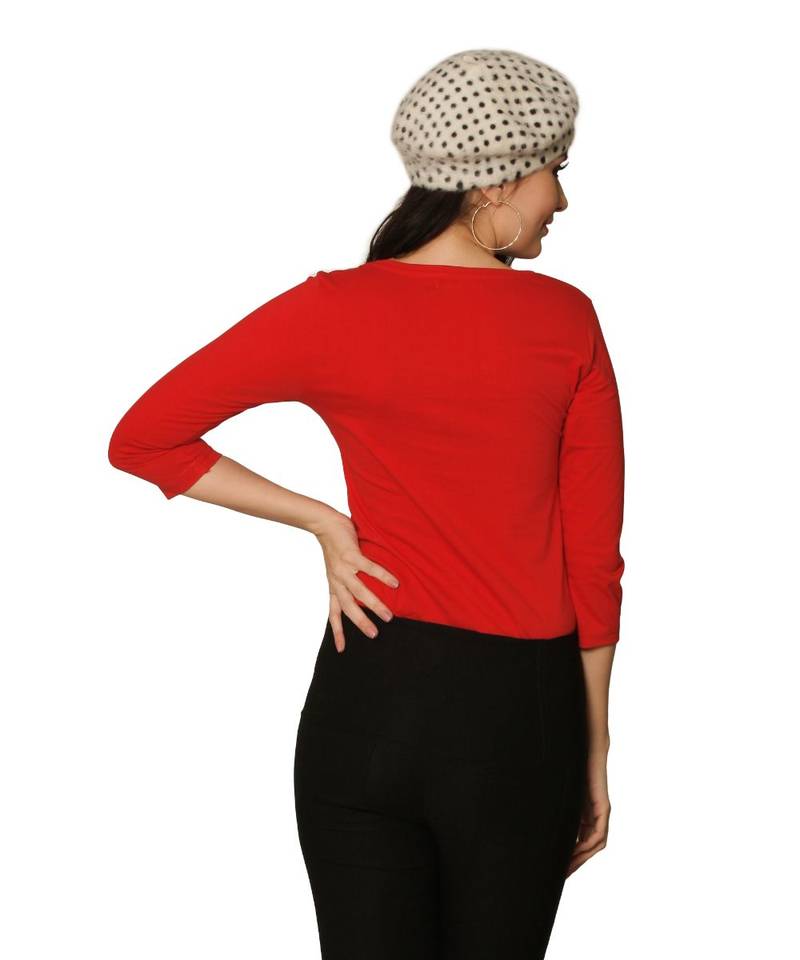 Women's Red Round Neck quarter_sleeves Solid Basic Top