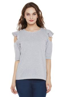 Women's Grey and White Striped Round Neck Half-Sleeve Ruffled Cold Shoulder Top