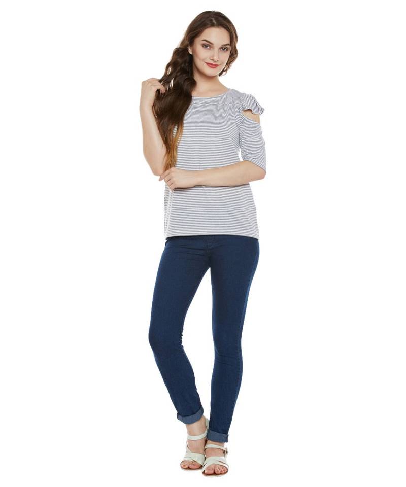 Women's Grey and White Striped Round Neck Half-Sleeve Ruffled Cold Shoulder Top