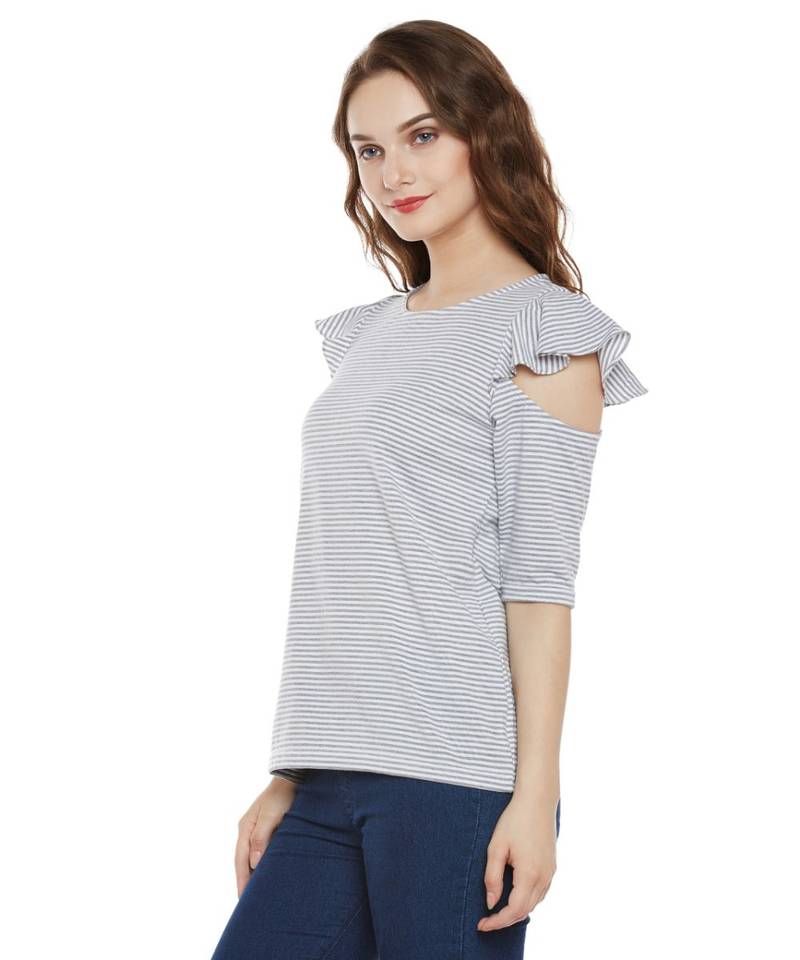 Women's Grey and White Striped Round Neck Half-Sleeve Ruffled Cold Shoulder Top