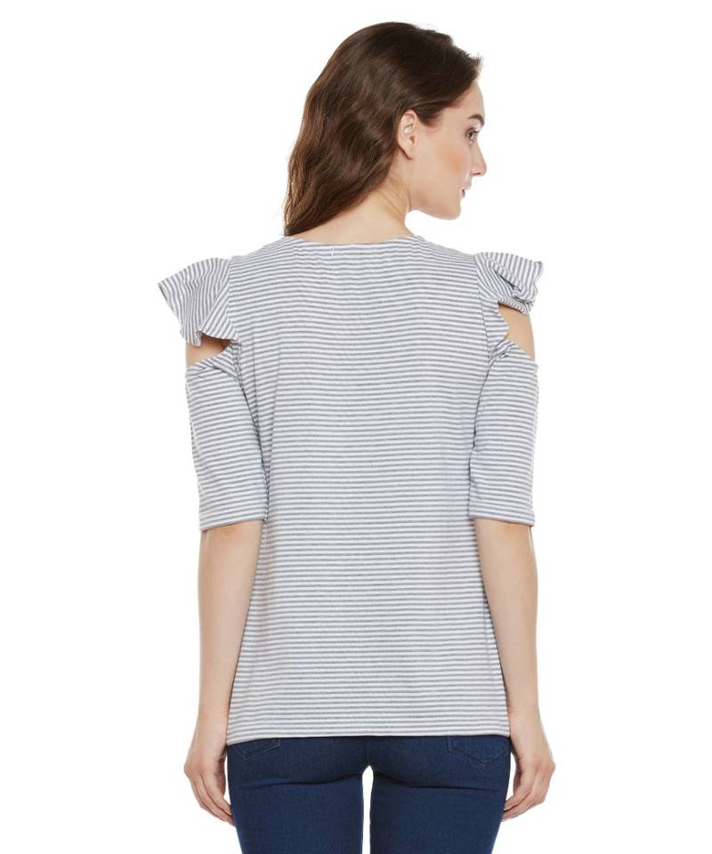 Women's Grey and White Striped Round Neck Half-Sleeve Ruffled Cold Shoulder Top