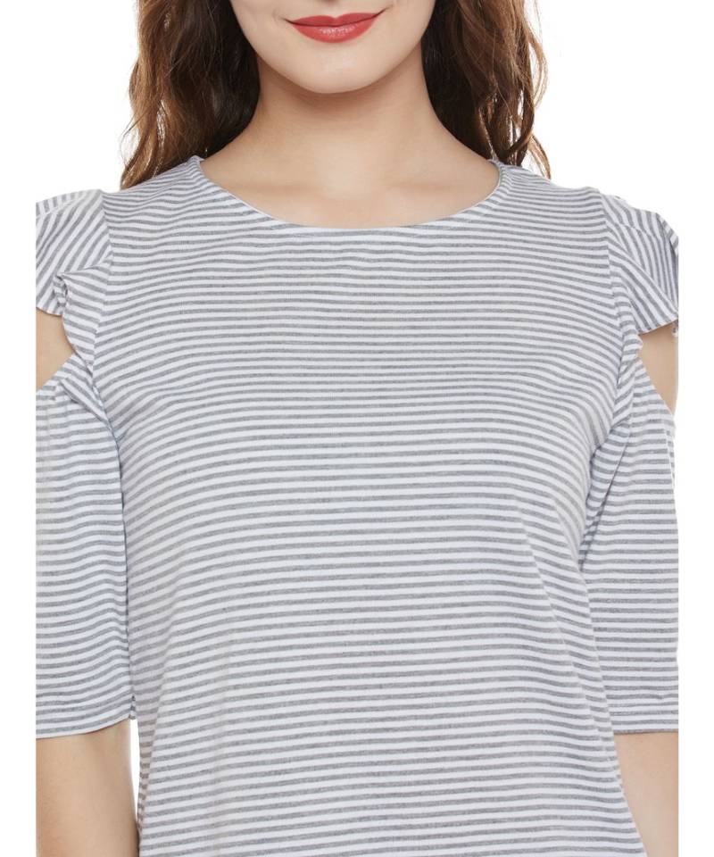 Women's Grey and White Striped Round Neck Half-Sleeve Ruffled Cold Shoulder Top