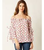Women's Multicolored Gathered Printed Off-Shoulder quarter_sleeve Printed Boxy Bardot Top
