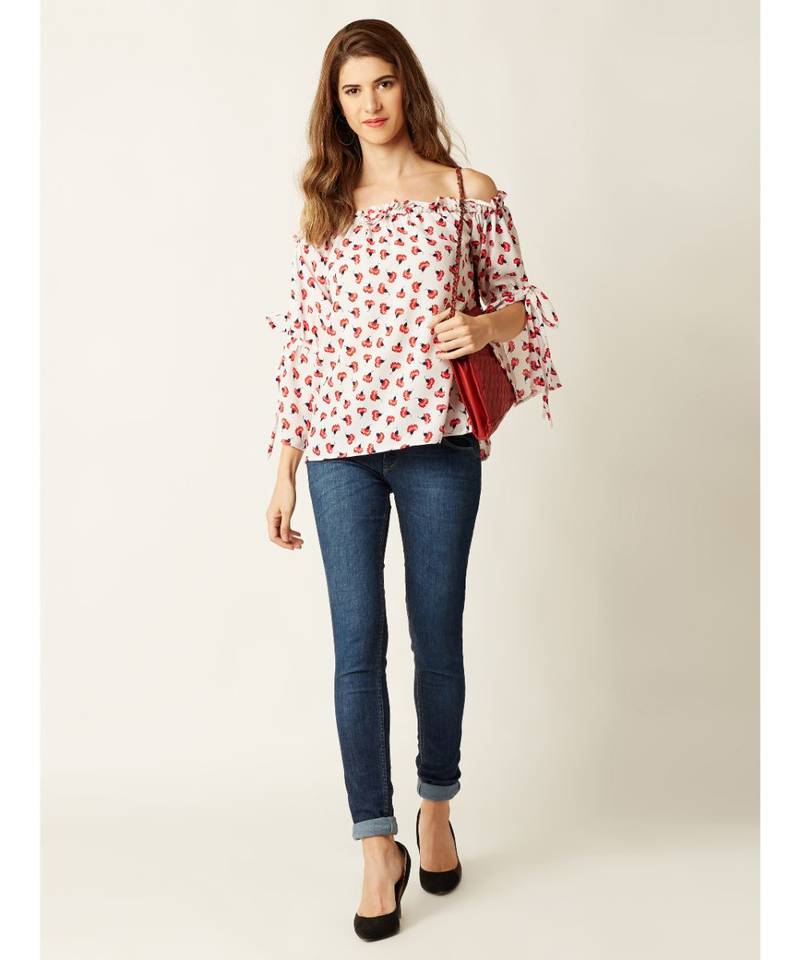 Women's Multicolored Gathered Printed Off-Shoulder quarter_sleeve Printed Boxy Bardot Top