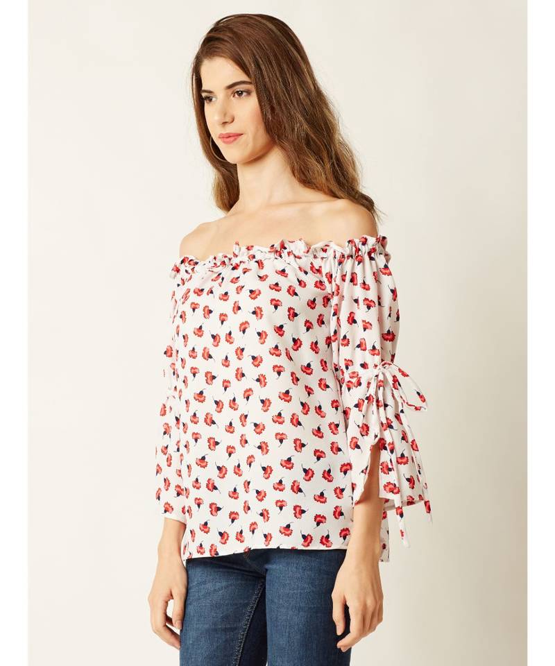 Women's Multicolored Gathered Printed Off-Shoulder quarter_sleeve Printed Boxy Bardot Top