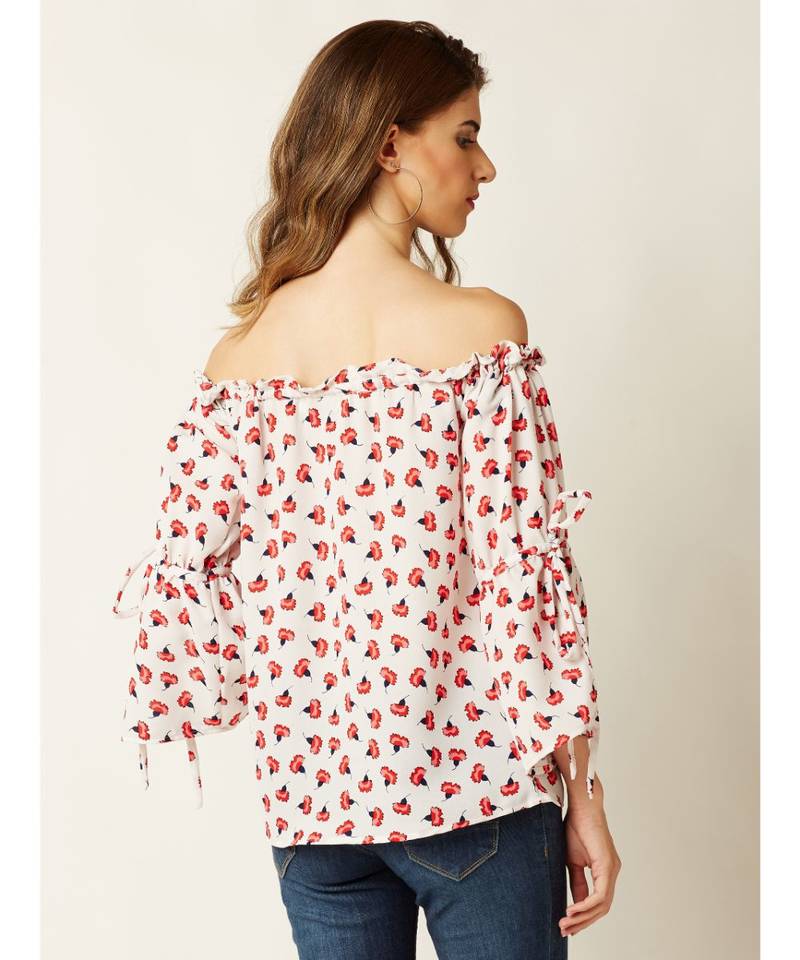 Women's Multicolored Gathered Printed Off-Shoulder quarter_sleeve Printed Boxy Bardot Top