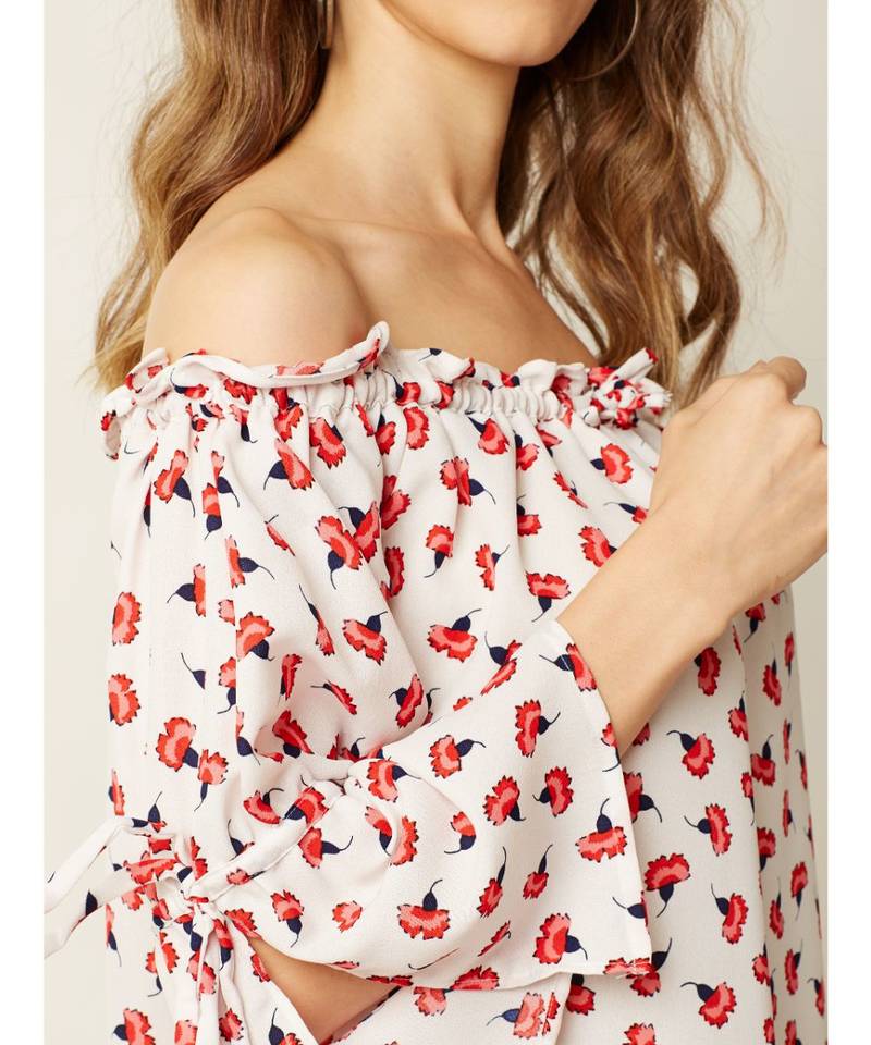 Women's Multicolored Gathered Printed Off-Shoulder quarter_sleeve Printed Boxy Bardot Top