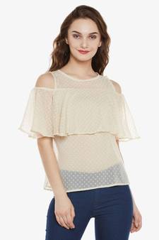 Women's Beige Round Neck sleeveless Solid Ruffled Cold Shoulder Top