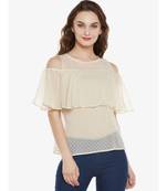 Women's Beige Round Neck sleeveless Solid Ruffled Cold Shoulder Top