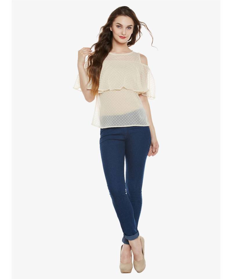 Women's Beige Round Neck sleeveless Solid Ruffled Cold Shoulder Top