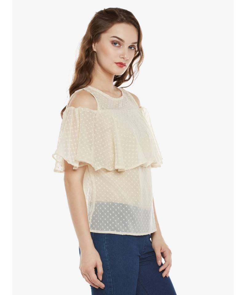 Women's Beige Round Neck sleeveless Solid Ruffled Cold Shoulder Top