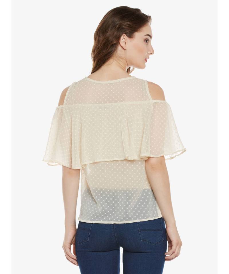 Women's Beige Round Neck sleeveless Solid Ruffled Cold Shoulder Top