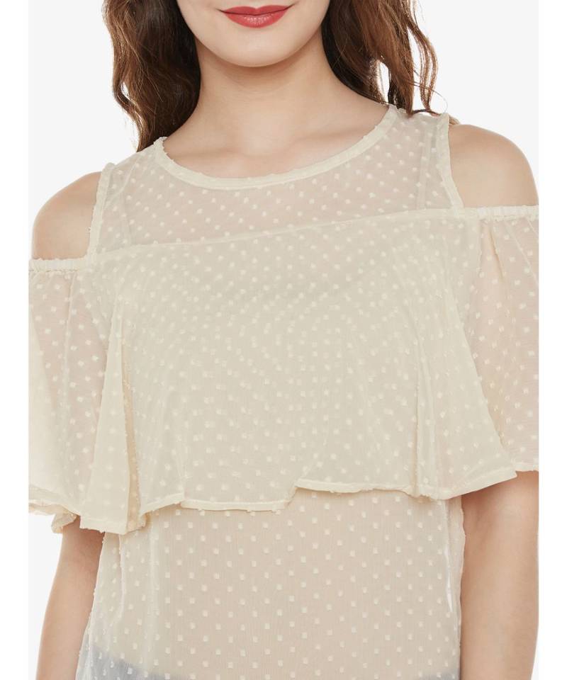 Women's Beige Round Neck sleeveless Solid Ruffled Cold Shoulder Top