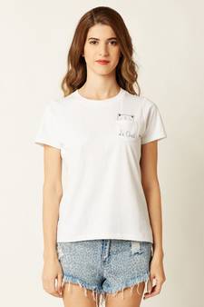 Women's White Cotton Round Neck short_sleeve Graphic Print T-Shirt