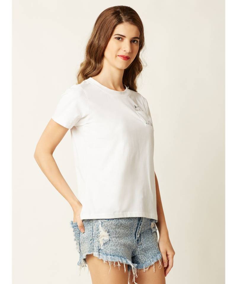 Women's White Cotton Round Neck short_sleeve Graphic Print T-Shirt